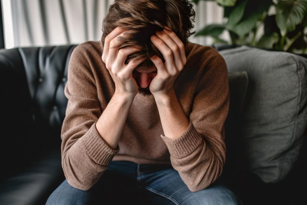 a person sits on a couch and puts their head into their palms struggling with the signs of alcohol poisoning