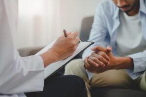 a person sits and holds their hands together as a therapist makes notes on a clipboard about patients progress in marijuana addiction treatment