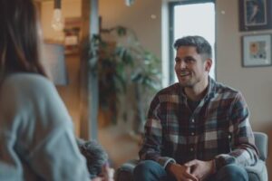 man in a flannel shirt sits and talks while at his polysubstance abuse